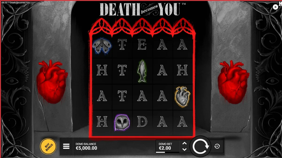 Tampilan visual slot Death Becomes You dengan estetika gotik noir yang mencekam