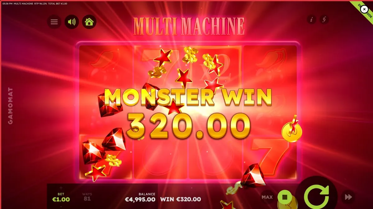 Tampilan visual slot Multi Machine dengan simbol buah klasik dan elemen modern